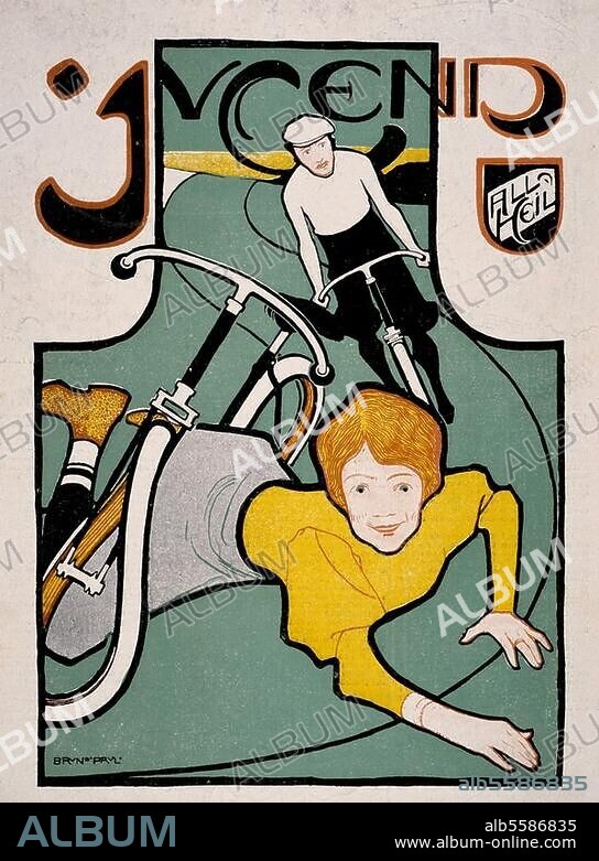 Zeitschriften. Jugend. Münchner illustrierte Wochenschrift für Kunst und Leben (München und Leipzig, G. Hirth's Verlag), 1. Jg. 1896, Nr. 35 (29. August). Titelblatt: Radfahrer. Farbdruck nach Bruno Paul (1874-1968):.