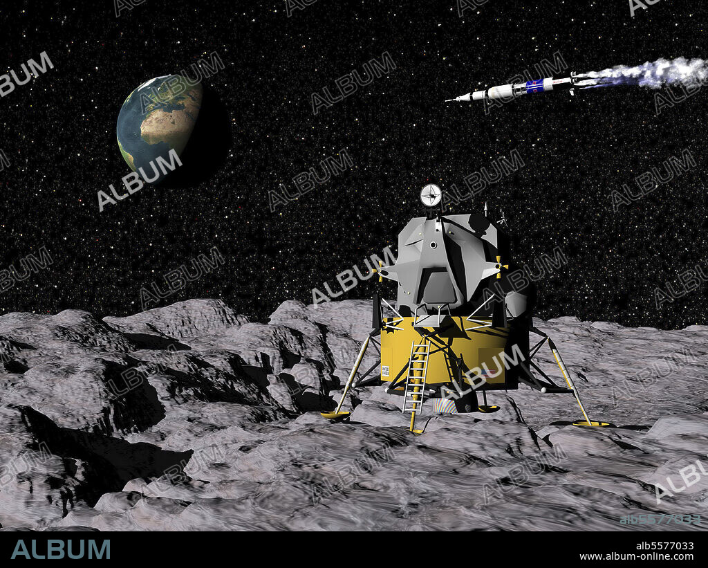 Apollo on surface of moon, with Saturn V rocket in the background.