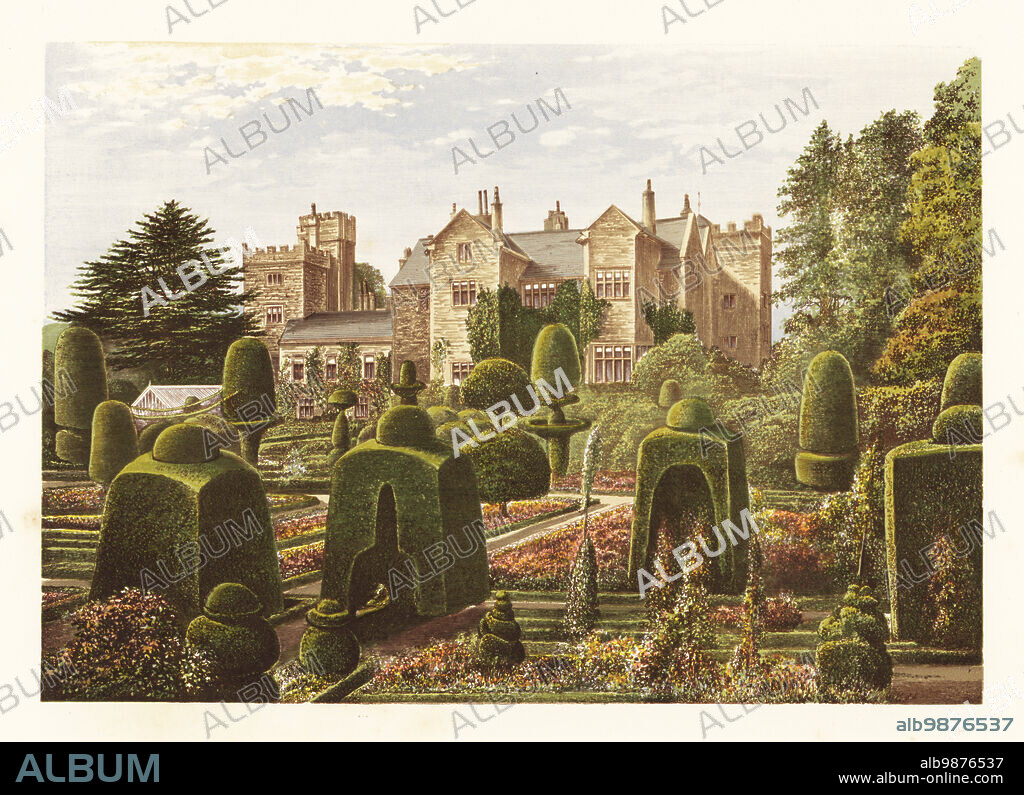 Levens Hall., Cumbria, England. Elizabethan-era house with famous topiary garden laid out by French gardener Guillaume Beaumont in the 17th century. Colour woodblock by Benjamin Fawcett in the Baxter process of an illustration by Alexander Francis Lydon from Reverend Francis Orpen Morriss Picturesque Views of the Seats of Noblemen and Gentlemen of Great Britain and Ireland, William Mackenzie, London, 1880.