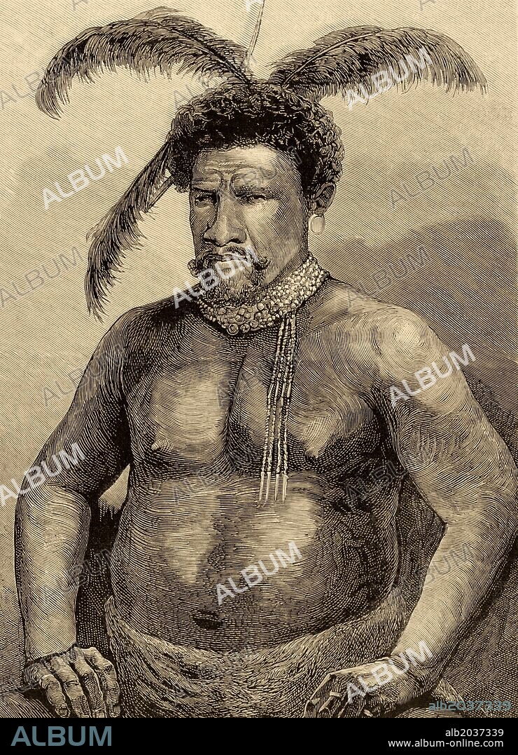 CETEWAYO o CETIWAYO (h.1834-Ekowe,1884). Rey zulú. Con el apoyo británico sucedió a su padre en el trono. Rompió la promesa de mantener buenas relaciones con el territorio de Natal. Luchó y perdió contra Lord Chelmsford (1879). Retrato realizado por el inglés Edward Tilt. Grabado por Vela. "La Ilustración Española y Americana", año 1879.