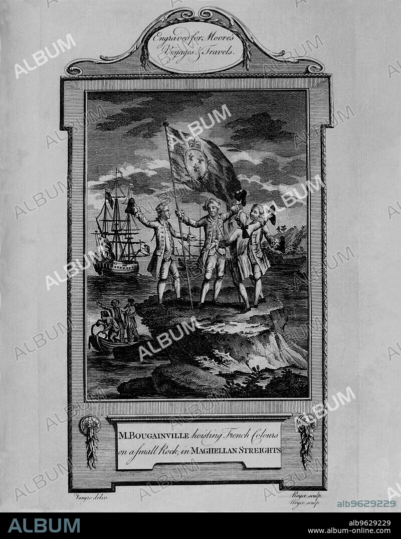 Bougainville raising the flag of France on a rock in the Strait of Magellan, engraving in the work 'Voyages and Travels' by John Hamilton Moore.