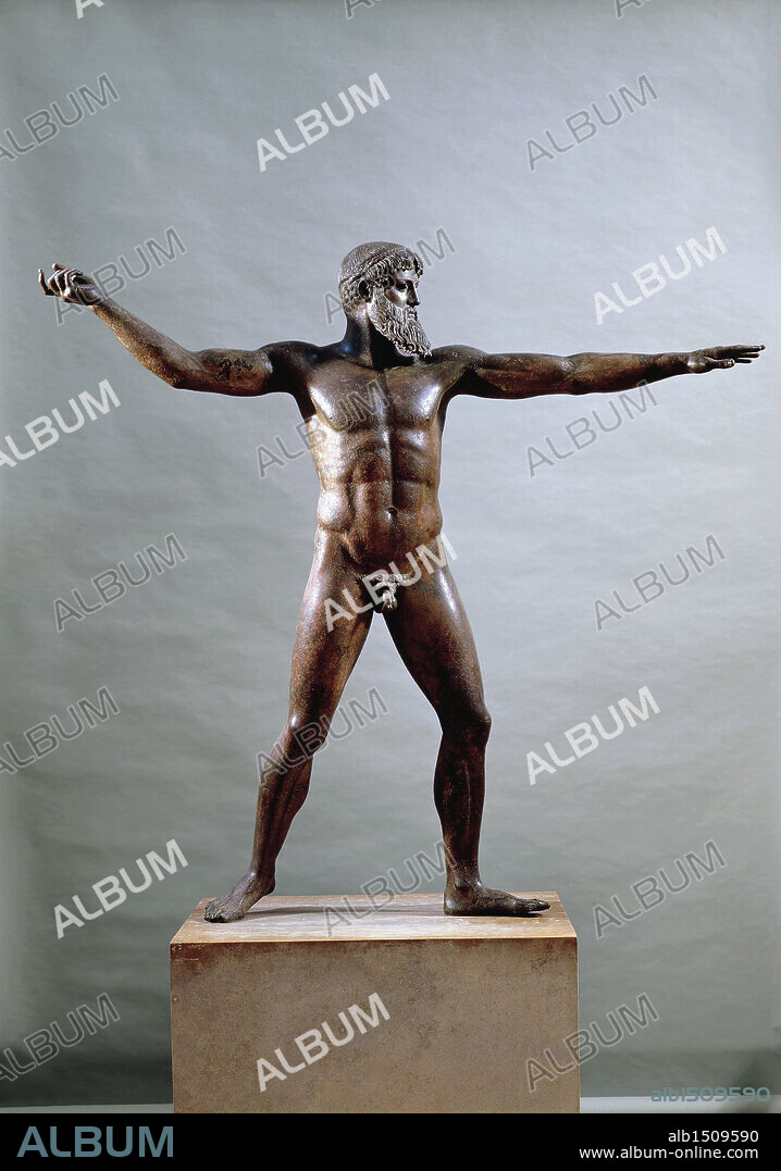 Greek civilization, 5th century b.C. Artemision Bronze statue (often called the God from the Sea) of either Zeus or Poseidon. From Cape Artemision, Greece.