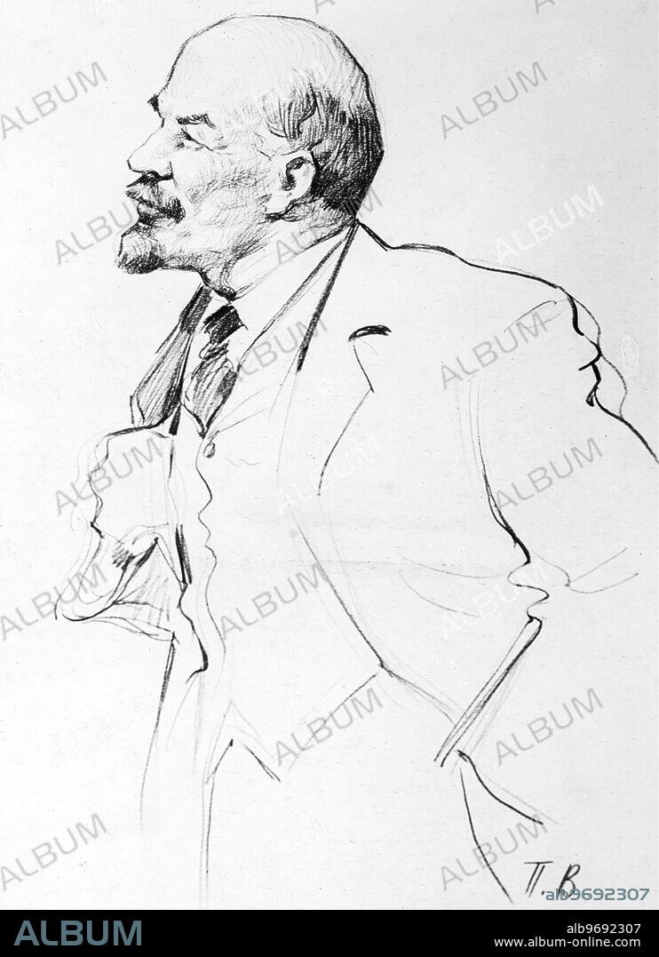 Life of Lenin. Vladimir Ilyich Ulyanov (Lenin) Russian Communist Revolutionary, Politician and Political Theorist. Head of Government Soviet Union from 1922 until his death. Photo Shows: Drawing of V.I. Lenin making a speech by Pyotr Vasilyev. [undated]. Supplied By: SCRSS - Society for Co-operation in Russian & Soviet Studies.