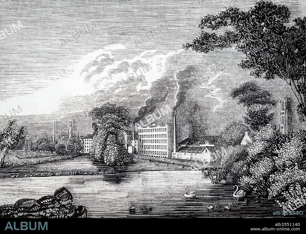 Engraving depicting Sir Thomas Lombe's silk mill on the river Derwent at Derby. This was the first water-powered textile mill in Britain (circa. 1720) and preceded Arkwright's by 50 years. Thomas Lombe (1685-1739) an English merchant and developer of machinery for silk throwing. Dated 19th century.