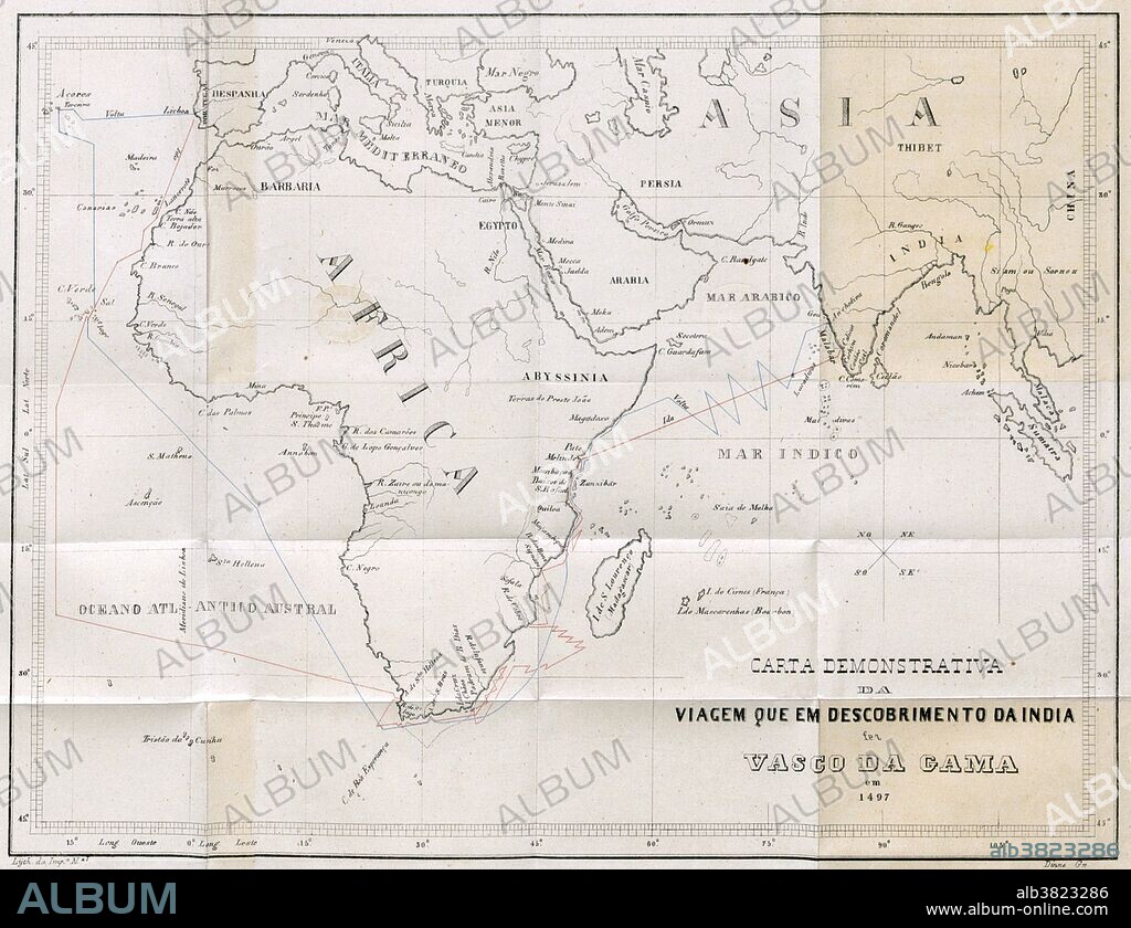 Vasco da Gama, 1st Count of Vidigueira (1460 or 1469-1524) was a Portuguese explorer, one of the most successful in the Age of Discovery and the commander of the first ships to sail directly from Europe to India. On da Gama's first voyage, in 1497, he led a fleet of four ships with a crew of 170 men from Lisbon. The distance traveled in the journey around Africa to India and back was greater than around the equator. The fleet arrived in Kappadu near Calicut, India in May 1498. He was celebrated for opening a direct sea route to Asia. Vasco da Gama was responsible for Portugal's success as an early colonizing power. Following da Gama's initial voyage, the Portuguese crown realized that securing outposts on the eastern coast of Africa would prove vital to maintaining national trade routes to the Far East. Image taken from page 239 of '"Roteiro da viagem que em descobrimento da India pelo Cabo da Boa EsperanÃ§a fez Dom. V. da G. em 1497." by A. Velho, 1861.