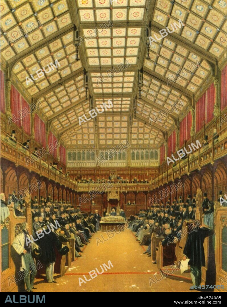 'The House of Commons During A Debate', 1858, (1947). Interior of the Palace of Westminster in London, with (all-male) members of parliament on opposing benches. Lithograph after a painting. From "The House of Commons", by Martin Lindsay M.P. [Collins, London, 1947].