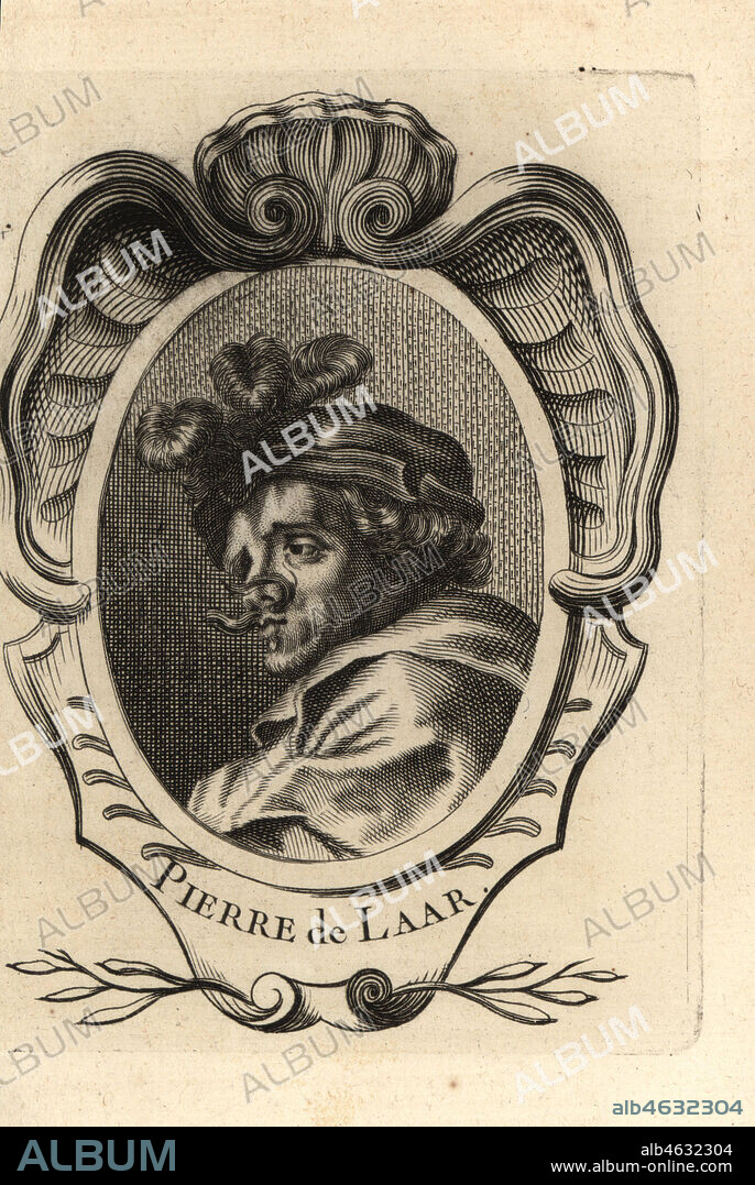 Portrait of Pieter van Laer, Il Bamboccio, Dutch painter and printmaker 1599-1642. Pierre de Laar. Copperplate engraving from Antoine-Joseph Dezallier dArgenvilles Abrege de la vie des plus fameux peintres, Lives of the most Famous Artists, de Bure lAine, Paris, 1762.