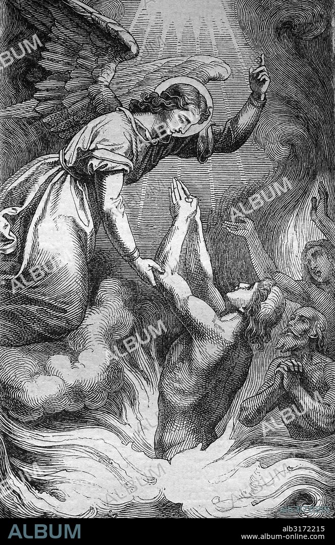 Purgatory, historic bible steel engraving from 1860.