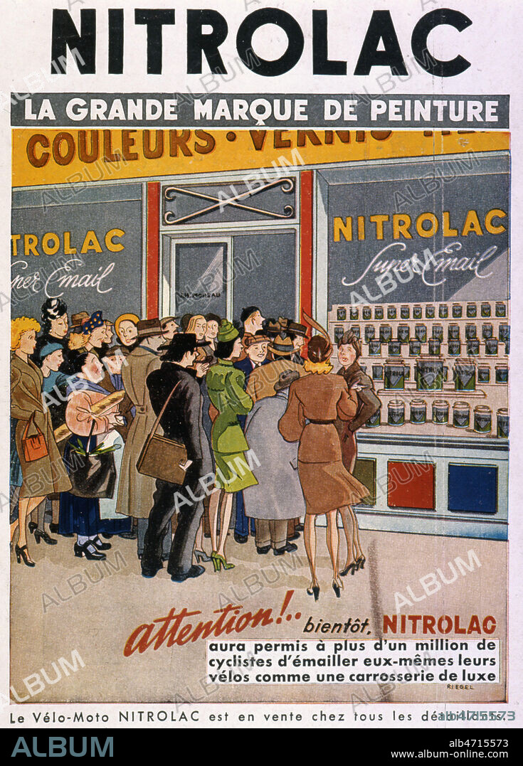 "NITROLAC, la grande marque de peinture". Publicite pour de la peinture speciale pour bicyclette. utilisee en 4e de couverture de "Science et Vie" de juillet 1948. Credits : Collection Grob/KHARBINE-TAPABOR.