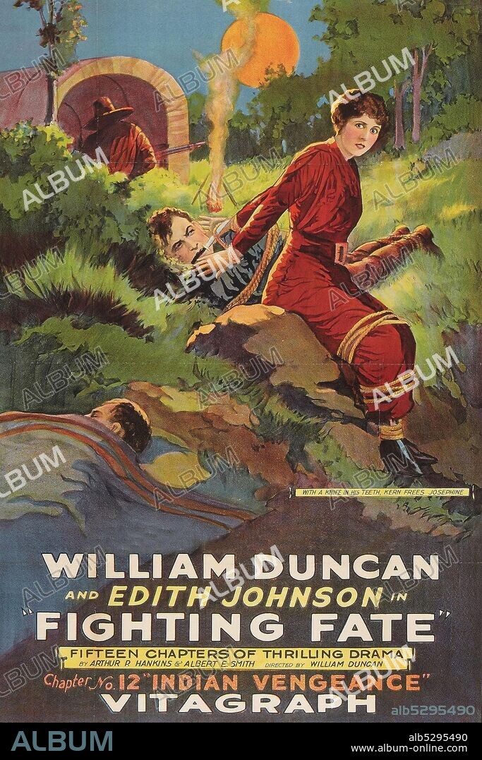 Girl and man are tied up in the background a Conestoga wagon - they are trying to cut themselves free.  Serial silent film by  Director: William Duncan and Writers: Arthur Preston Hankins (scenario) (as Arthur P. Hankins), Albert E. Smith (scenario) with Stars: William Duncan, Edith Johnson, Ford West..