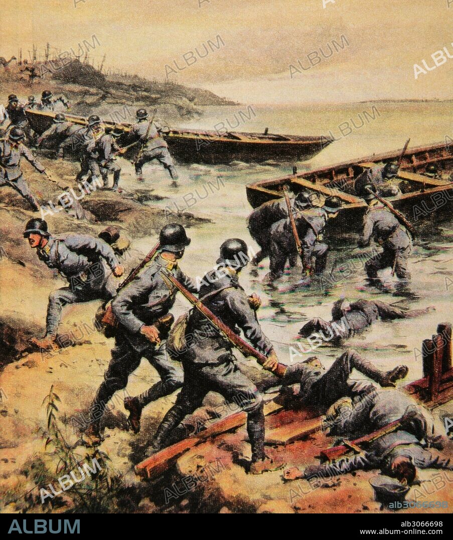 PRIMERA GUERRA MUNDIAL (1914-1918). Retirada de las tropas austriacas al intentar atravesar el rio". Dibujo por A. Beltrame. "La Domenica del Corriere", 1918.