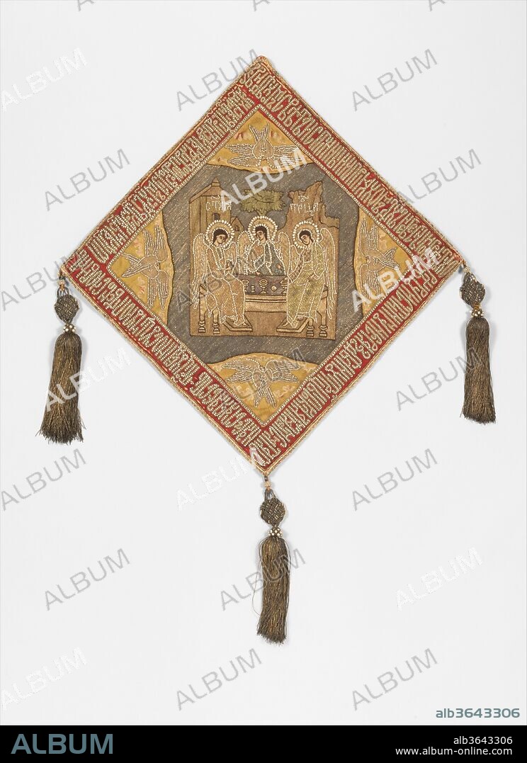 Epigonation (Palitsa). Culture: Russian. Dimensions: 22 3/8 × 21 1/8 in. (56.8 × 53.7 cm). Date: 16th-17th century.
Worn by a bishop over his right thigh, this vestment depicts the Holy Trinity in the guise of the three angels who visit the patriarch Abraham in Genesis 18. The Slavonic inscription in the border quotes a hymn of thanksgiving in praise of the Trinity, sung at the conclusion of Communion in the Orthodox rite.