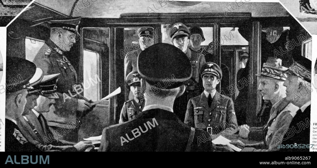World war two: Generaloberst Keitel, reads the Preamble for the conditions of the armistice Agreement Between Germany and France, 22 June 1940. Hitler decided to sign the armistice in the same rail carriage, Compiègne Wagon, where the Germans had signed the 1918 armistice.