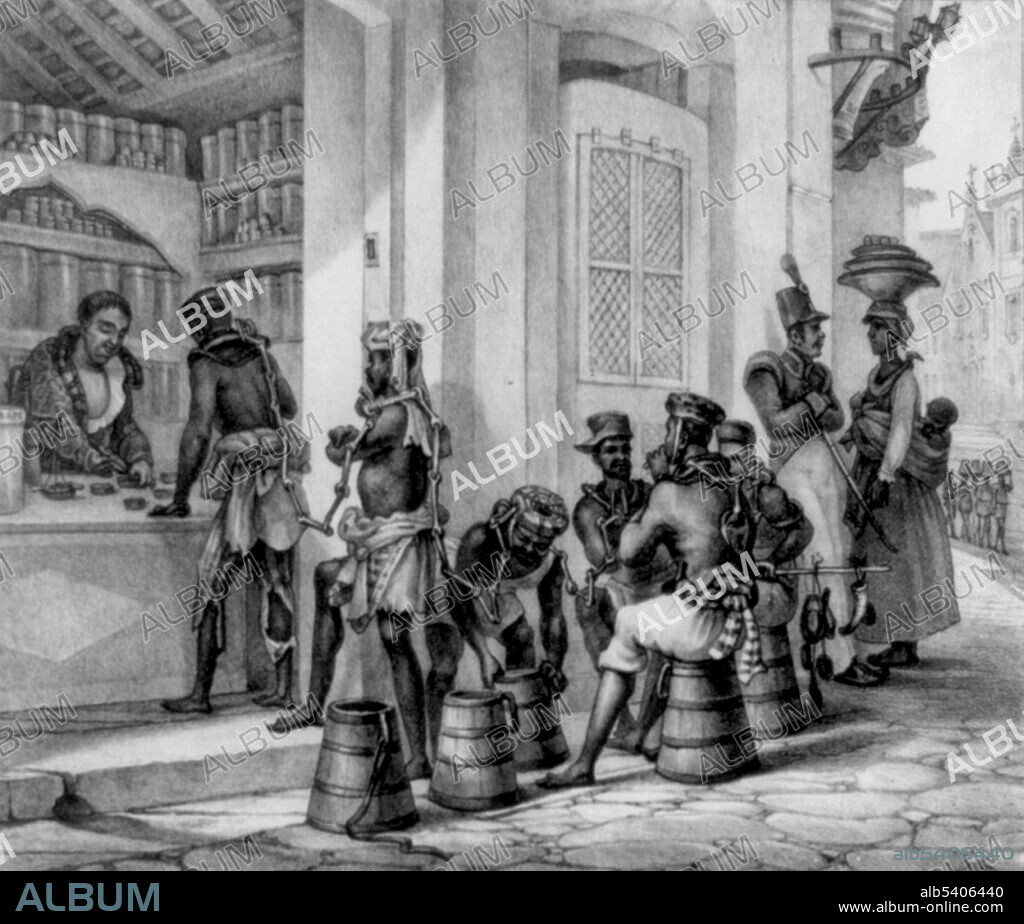 Slaves in chains outside a tobacco shop. The importation of African slaves to Brazil began midway through the 16th century, but the enslavement of indigenous peoples continued well into the 17th and 18th centuries. During the Atlantic slave trade era, Brazil imported more African slaves than any other country. An estimated 4.9 million slaves from Africa were brought to Brazil during the period from 1501 to 1866. Jean-Baptiste Debret (April 18, 1768 - June 28, 1848) was a French painter. He sketched street scenes, local costumes and relations of the Brazilians in the period between 1816 and 1831. He took a particular interest in slavery of blacks and in the indigenous peoples in Brazil. Circa 1834-39.