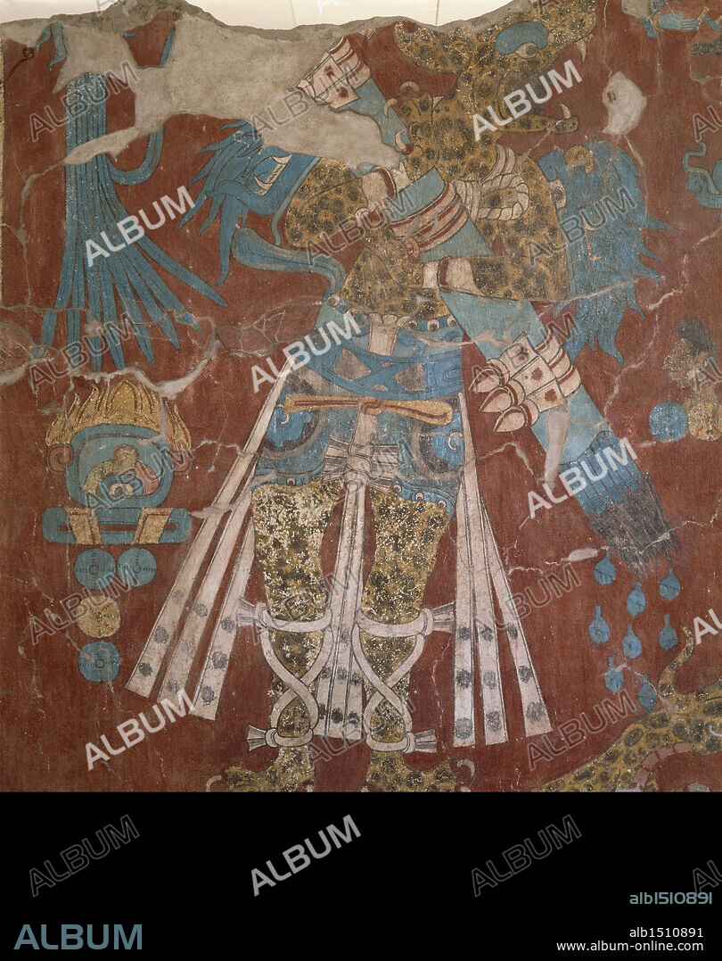 Mexico - Tlaxcala State - Cacaxtla archaeological site. Olmec civilization, Xicalanca culture, fresco depicting the Jaguar Man, circa 900 A.D.