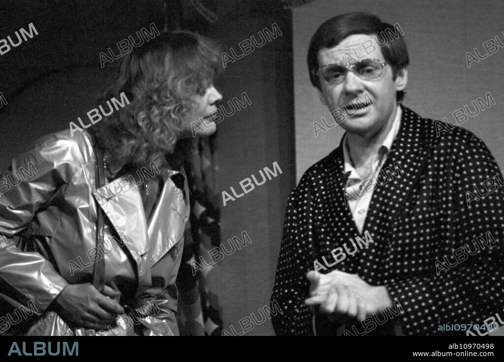 German actors Harald Juhnke and Christiane Ruecker performing at the stage of a theatre, Germany 1980s.