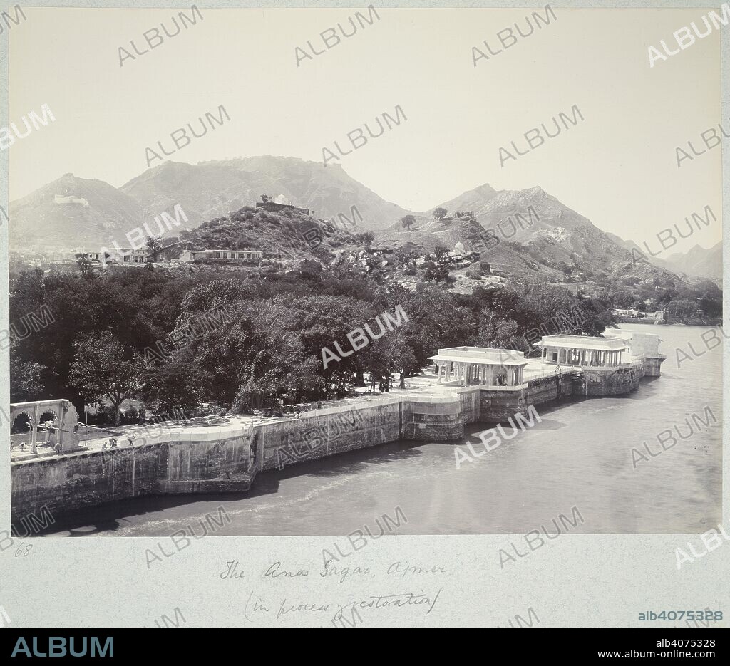 HERZOG AND HIGGINS. The Ana Sagar, Ajmer. c. 1902. The Ana Sagar, Ajmer (in process of restoration). View of the pavilions built by Shah Jahan on the bund of the Ana Sagar. Restoration was undertaken on the direction of Curzon.  Originally published/produced in c. 1902. . Source: OIOC Photo 430/20(92),.