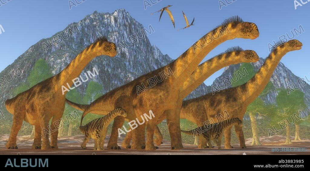 A Camarasaurus sauropod dinosaur herd keeps watch on their offspring as two Rhamphorhynchus reptiles fly above.