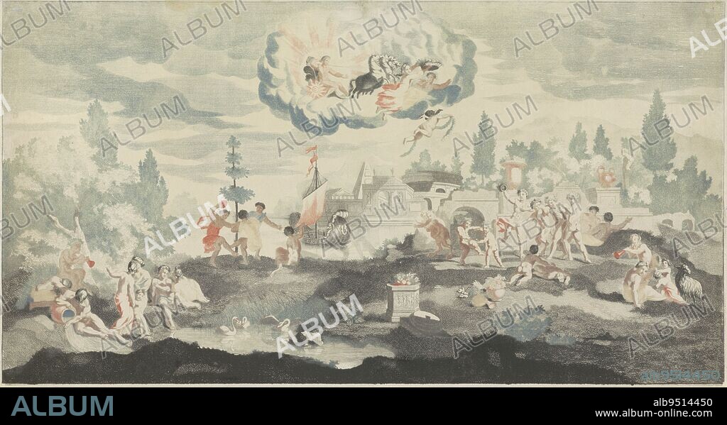 The sun god Apollo or Helios rides his four-horse-drawn solar car across the sky. Nymphs and satyrs playing on earth. On the left a current god and in the background a ship on a river, the sun god Apollo rides in his chariot along the sky., print maker: anonymous, Johan Teyler, Netherlands, 1688 - 1698, paper, etching, engraving, h 283 mm × w 526 mm.