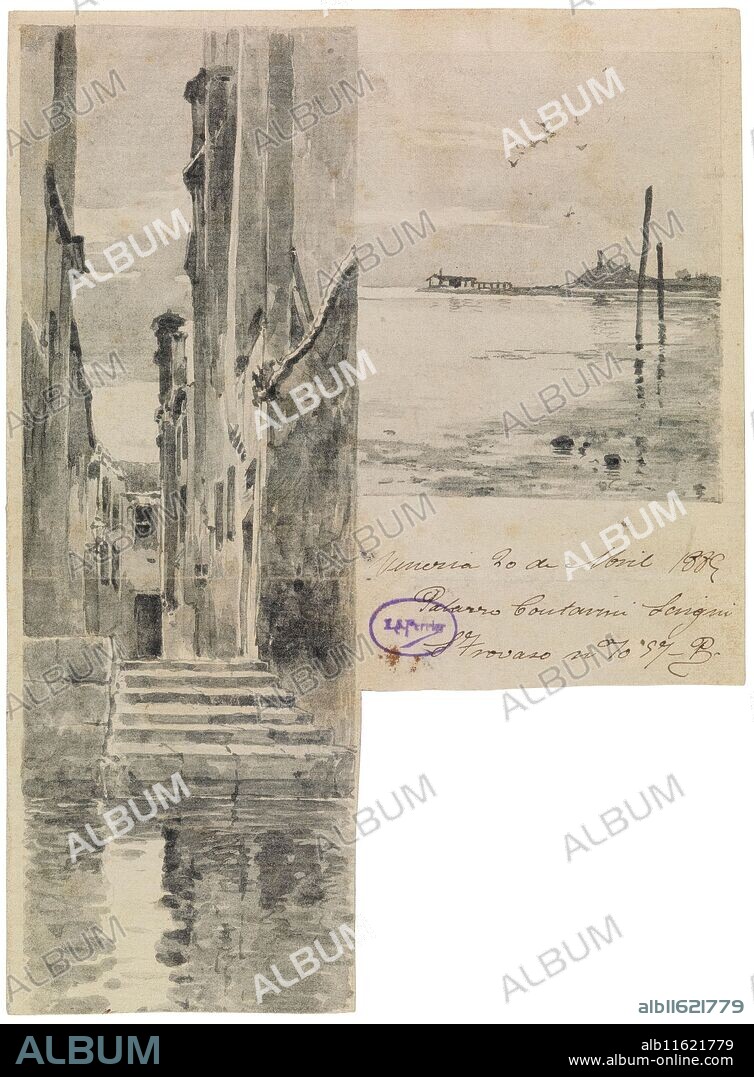 EMILIO SÁNCHEZ PERRIER. Emilio Sánchez Perrier (Dibujante) / 'Encabezamiento de una carta: una calle de Venecia y vista de los alrededores de la Laguna'. 1885. Aguada, Tinta gris sobre papel verjurado, 186 x 137 mm.