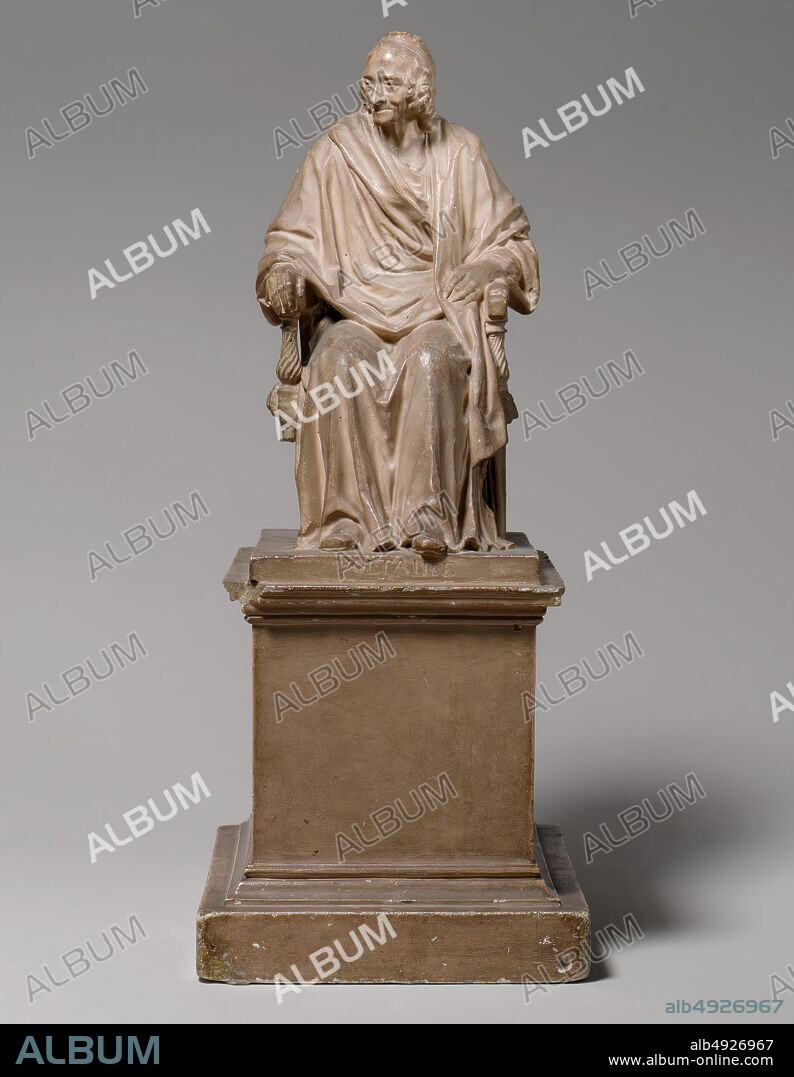 Workshop of Jean Antoine Houdon, Seated Voltaire, French, Paris, Workshop of Jean Antoine Houdon (French, Versailles 17411828 Paris), 1778, French, Paris, Plaster, tinted to imitate terracotta, Overall: 14 x 5 3/4 x 7 7/8 in. (35.6 x 14.6 x 20 cm), Sculpture.