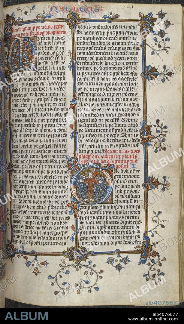 JOHN WYCLIFFE. Gospel of St Matthew from the Wycliffe Bible. Wycliffe Bible. England; early 15th century. [Whole folio] The Gospel of St Matthew, beginning with initial 'T'. Source: Arundel 104, volume 2, f.251. Language: English.