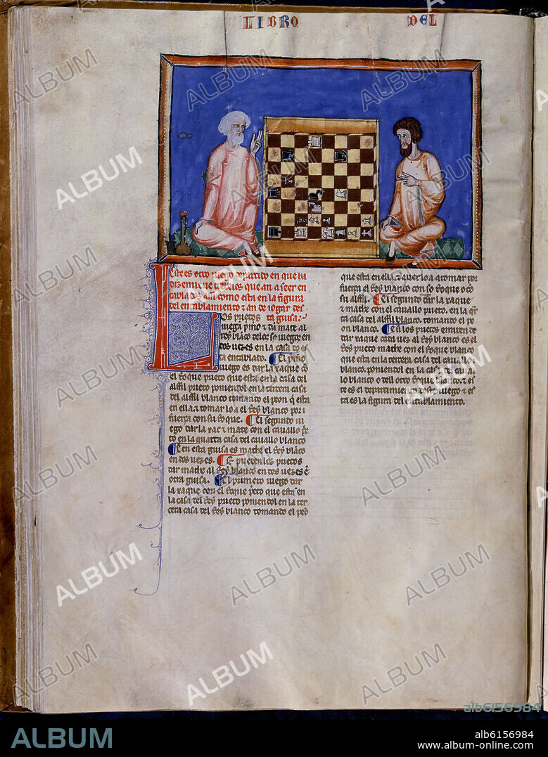 ALFONSO X DE CASTILLA EL SABIO. LIBRO DE JUEGOS O LIBRO DEL AJEDREZ DADOS Y TABLAS - 1283 - FOLIO 29V - DOS HOMBRES JUGANDO AL AJEDREZ - MANUSCRITO GOTICO.