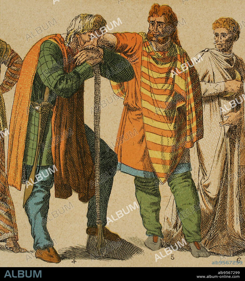 Galos. De izquierda a derecha: 4- traje de guerrero, con espada sujeta con cadena, 5- traje masculino de persona principal, 6- vestimenta de sacerdote galo, con cuchillo sacro. Cromolitografía. Historia Universal, por César Cantú. Tomo II, 1881.