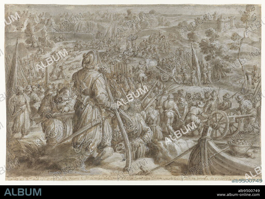 The death of Giovanni delle Bande Nere during the battle on the plain of Governolo near the bank of the Mincio. Design for a print, Battle on the plain of Governolo Mediceae familiae rerum (...), dl. 1 (series title), draughtsman: Jan van der Straet, 1570 - 1583, paper, pen, brush, h 215 mm × w 309 mm.