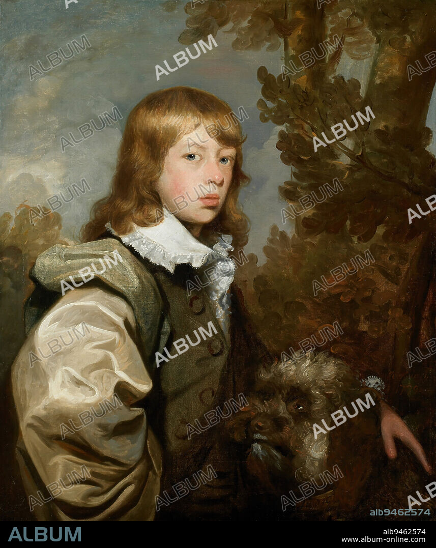 Portrait of James Ward, 1779, Gilbert Stuart, American, 1755 - 1828, 29 1/2 x 25 in. (74.93 x 63.5 cm) (canvas), Oil on canvas, United States, 18th century, The sitters last name and initial, J. Ward, are inscribed on his dogs collar. Gilbert Stuart, a Rhode Island native, painted this portrait while working in the London studio of his mentor, the American artist Benjamin West. The pose, costume, and canine companion overtly reference portraits of British royalty from the 1600s. Stuart went on to paint likenesses of U.S. leaders, including the image of George Washington seen on every dollar bill.