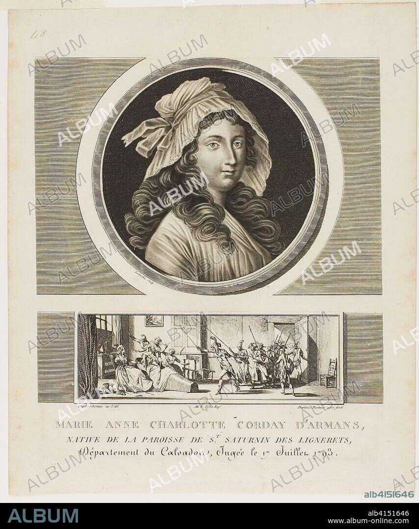 JEAN DUPLESSIS-BERTAUX. Marie Anne Charlotte Corday d'Armans, from Tableaux historiques de la Révolution francaise, volume III. Jean Duplessi-Bertaux (French, 1747-1819) and; Charles François Gabriel Levachez (French, active 1780-1820). Date: 1793. Dimensions: 178 × 177 mm (image); 249 × 209 mm (sheet). Engraving and stipple engraving on ivory China paper laid down with chine collé on ivory wove paper. Origin: France.