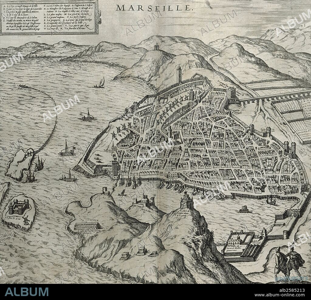 HISTORIA DE FRANCIA. Representación de la ciudad de MARSELLA en el siglo XVI. Grabado de la obra "Theatre des principalles villes de tout le monde", obra de Georges Brun de Cologne, 1573.