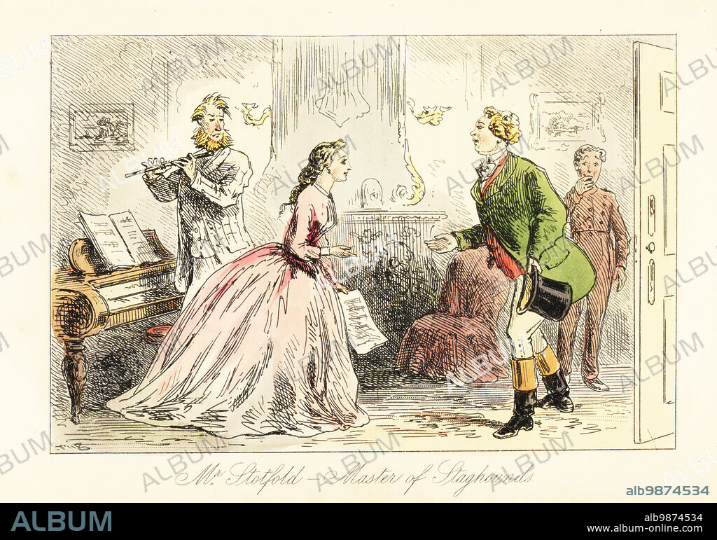 English gentleman being shown into a drawing room for a musical night, 19th century. Facey Romford in tweeds playing the flute, Cassandra Cleoptra holding a music score. Mr. Stotfold, Master of Staghounds, in costume of the chase. Handcoloured steel engraving after an illustration by Hablot Knight Browne (Phiz) from Robert Smith Surtees Mr. Facey Romfords Hounds, Bradbury, Evans and Co., London, 1865.