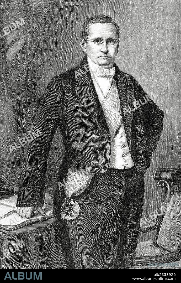 Otto Theodor Freiherr von Manteuffel (1805-1882). Político conservador prusiano. Autor de la Constitución prusiana de 1818, presidente del Consejo de Ministro de Prusia. Grabado por Kaeseberg. "Historia Universal", 1885.