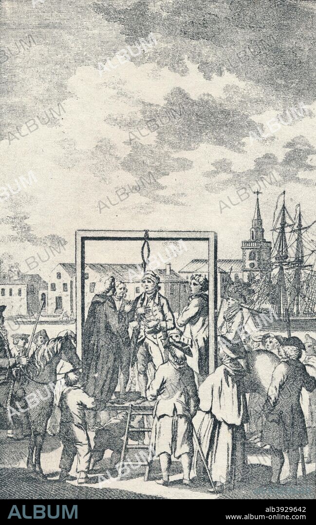 'A Pirate hanged at Execution Dock', c1795. Situated on the bank of the Thames at Wapping, London, Execution Dock was a place of execution for pirates, smugglers and mutineers sentenced to death by the Admiralty Courts. The last execution took place in 1830. From Adventures By Sea From Art of Old Time, by Basil Lubbock. [The Studio Ltd., London, 1925].