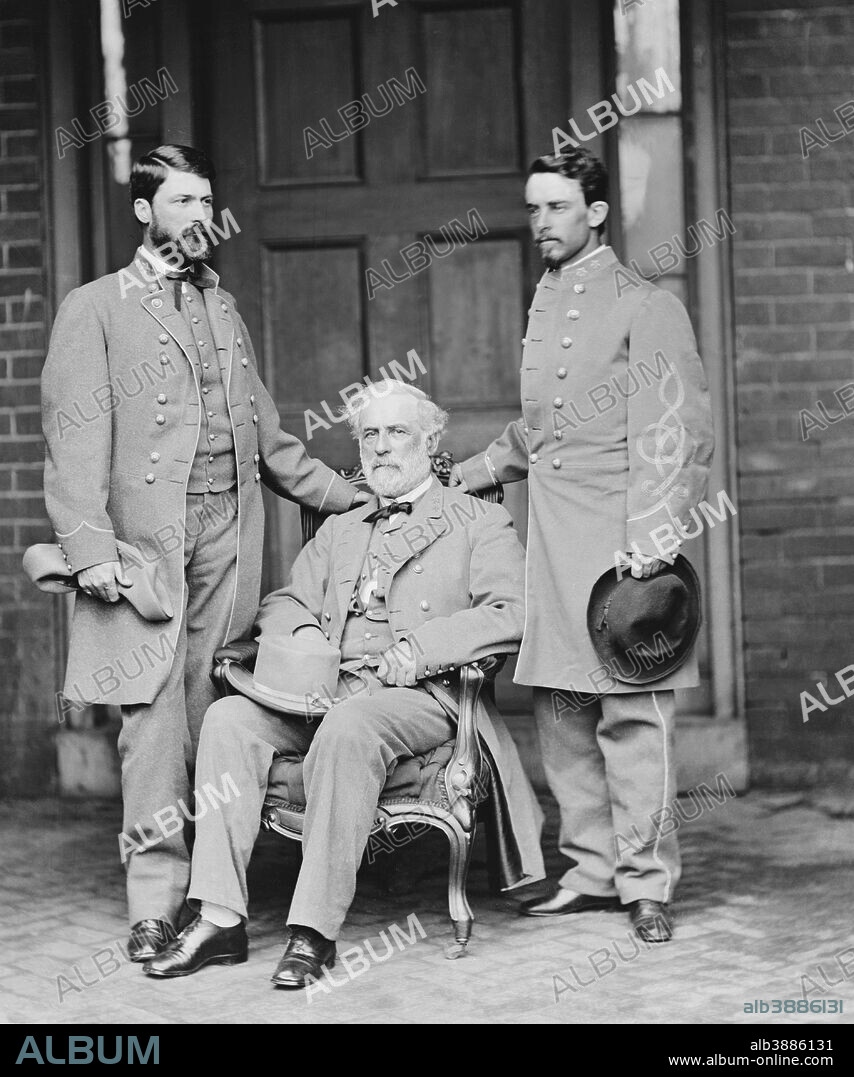 Portrait of General Robert E. Lee (center) and his aides-de-camp, Major General George Washington Custis Lee (left), who is his eldest son, and Colonel Walter Taylor (right). circa 1865.