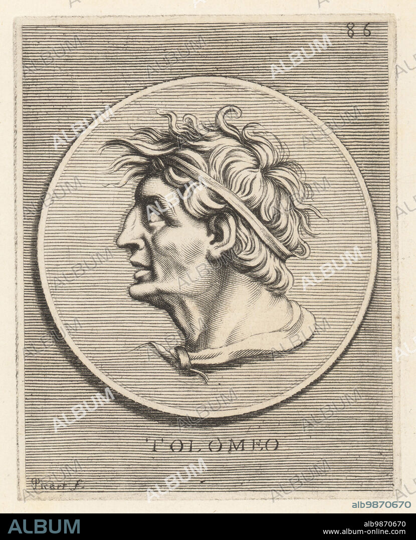 Ptolemy I Soter, c. 367-282 BC, Macedonian general under Alexander the Great who became ruler of Egypt and founder of the Ptolemaic dynasty. From a bronze coin. Tolomeo. Copperplate engraving by Etienne Picart after Giovanni Angelo Canini from Iconografia, cioe disegni d'imagini de famosissimi monarchi, regi, filososi, poeti ed oratori dell' Antichita, Drawings of images of famous monarchs, kings, philosophers, poets and orators of Antiquity, Ignatio deLazari, Rome, 1699.