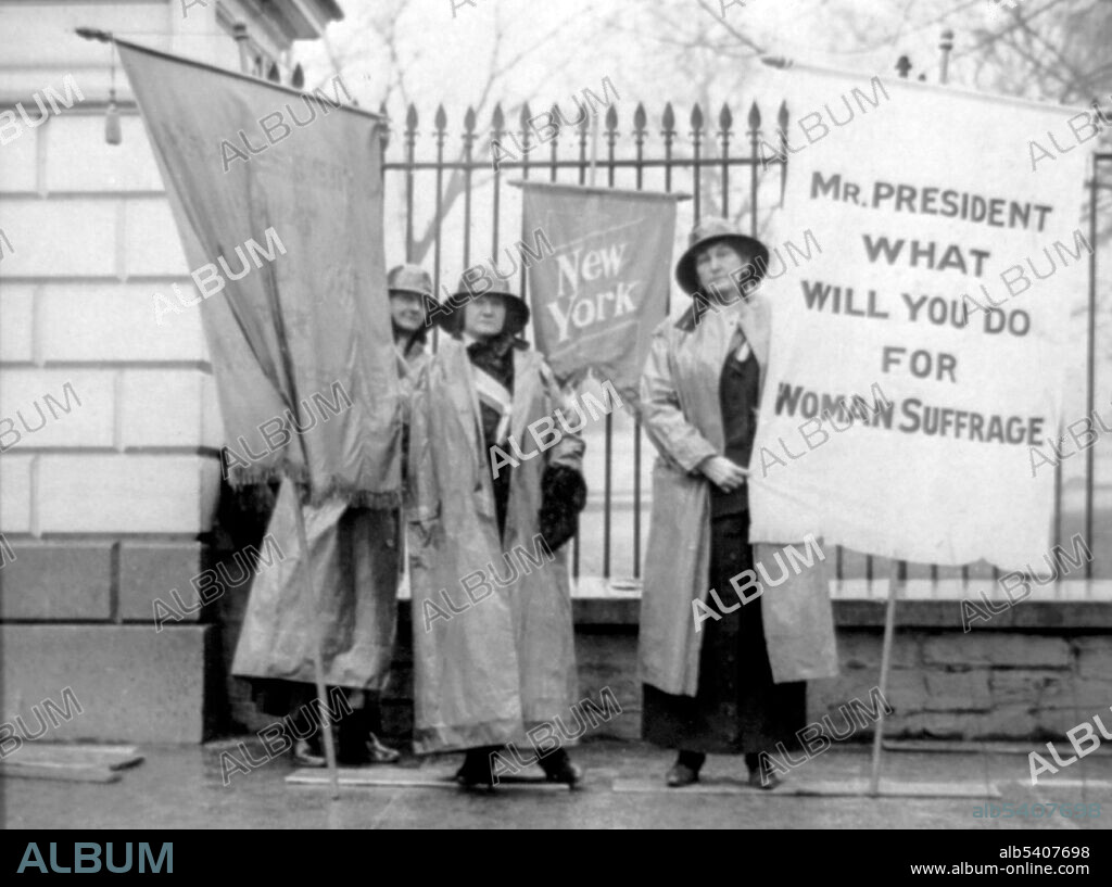 The Silent Sentinels were a group of women in favor of women's suffrage organized by Alice Paul and the National Woman's Party.  At first the picketers were tolerated, but they were later arrested on charges of obstructing traffic. The women protested at the White House gates until June 4, 1919 when the Nineteenth Amendment to the Constitution was passed both by the House of Representatives and the Senate.  National Woman's Party, 1917 (cropped and cleaned).