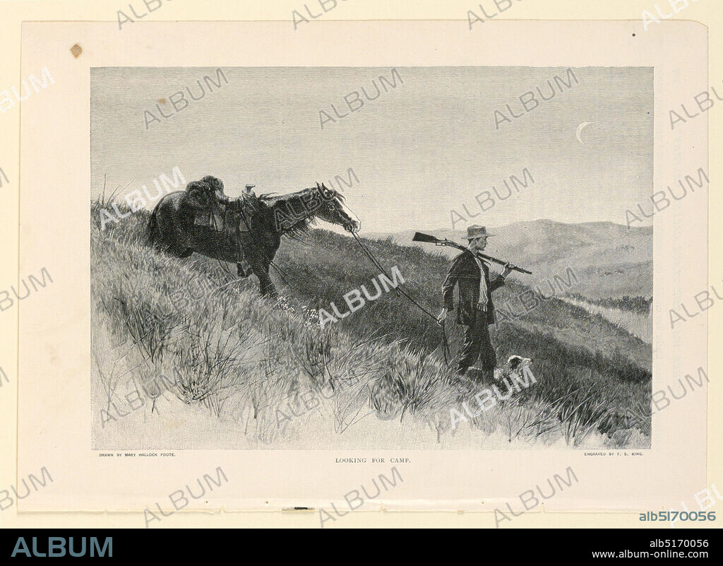 Looking for Camp, Illustration for Century Magazine (XXXVII, No. 1, November 1888, p. 108), Mary A. Hallock Foote, American, 18471938, Francis Scott King, American, 18501913, Wood-engraving in black ink on paper, A hunter, with a dog by his side and a rifle over his shoulder, holds the reigns of a horse, leading it towards the right. Grassy hills in foreground, and mountains in distance. Crescent moon above., USA, 1888, graphic design, Print, Print.