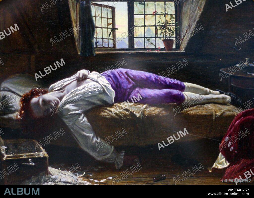The Death of Chatterton by Henry Wallis, Birmingham Art Gallery. The Death of Chatterton is an oil painting on canvas by the English Pre-Raphaelite painter Henry Wallis, 1856. The subject of the painting was the 17-year-old English early Romantic poet Thomas Chatterton, shown dead after he poisoned himself with arsenic in 1770.