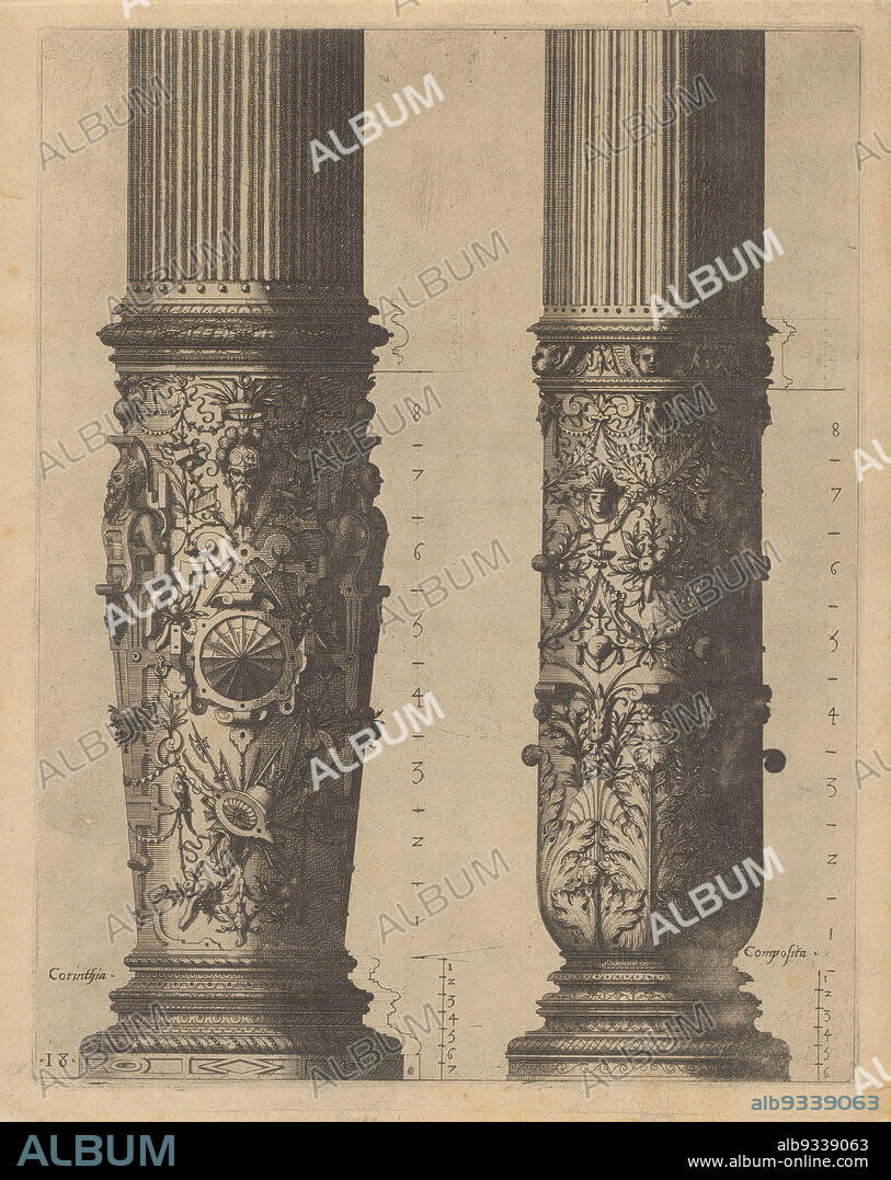 Two 'columnae caelatae', in the Corinthian and Composite Order, Das ander Buech gemacht auff die zway Colonnen, Corinthia und Composita (series title), Two 'columnae caelatae'. On the lower half of the left Corinthian column a rosette in a frame of hardware, flanked by two herms, caught in scrollwork. On the right, the lower half of a Composite column, below acanthus leaves and above garlands and mascarons. The print has four scale markings on it. The print is part of an album., print maker: Johannes of Lucas van Doetechum, Hans Vredeman de Vries, Antwerp, 1565, paper, etching, height 302 mm × width 236 mm.