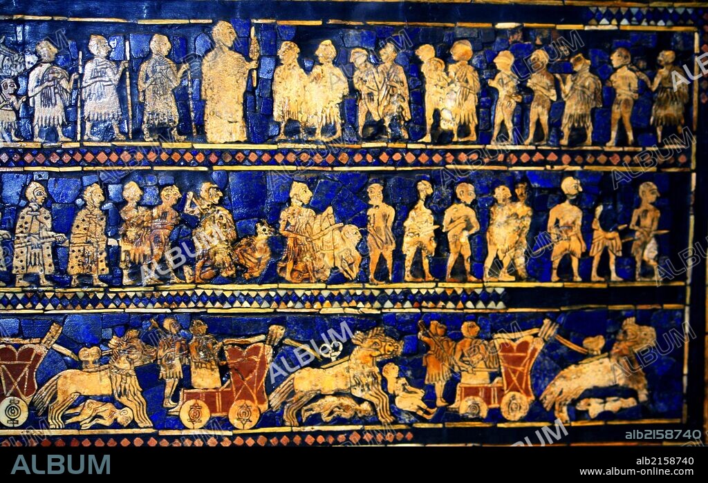 From the Standard of Ur (Peace side). Sumerian artefact (circa 2600 BC) excavated from the royal tomb in the city of Ur in the 1920's. South of what is now Baghdad in Iraq. It is an historical account of ancient warfare, and shows a king, subjects, musicians, soldiers and animals. (Photo by: Universal History Archive/UIG via Getty Images).