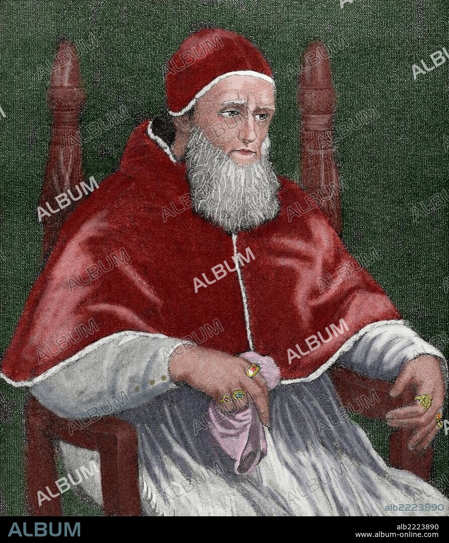JULIO II (1443-1513). Papa número 216 de la Iglesia Católica, de 1503 a 1513. Se le conoce como "El Papa guerrero" por la intensa actividad política y militar de su pontificado. Grabado coloreado de "Historia Universal", año 1885.