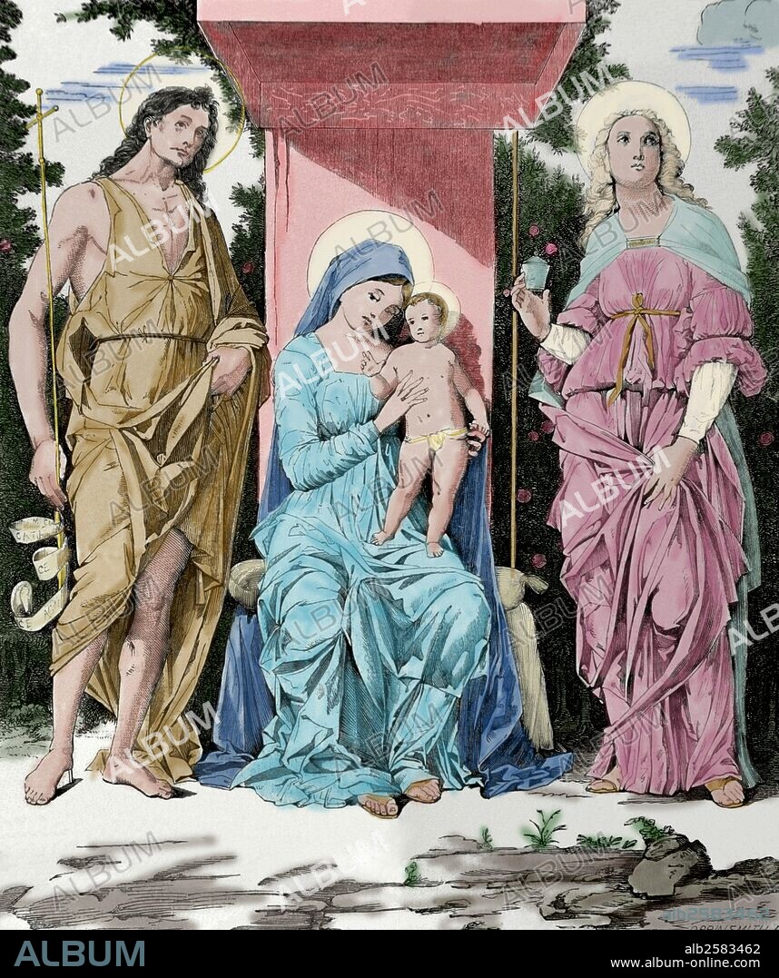 ANDREA MANTEGNA (basado en). ARTE RENACIMIENTO ITALIANO. ANDREA MANTEGNA (1431-1506). Pintor italiano que trabajó en la corte de Mantua, aunque se formó en Padua. Grabado de Orrinsmith reproduciendo la obra de Mantega "Juan Bautista, la Virgen y el niño Jesús y Santa Madeleina". Coloreado.