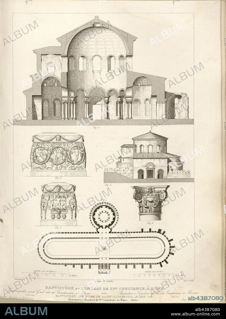 Baptistery and Tomb of St. Constance, Rome. Italy, Cross-section, elevation and floor plan of the church of Santa Costanza in Rome, sarcophagus of Constantina, signed: Amoudru del, d'après Mr. Isabelle; Bury sculp, Fig. 30, p. 109, Isabelle, Charles Édouard (inv.); Amoudru (del. d'après Charles Édouard Isabelle); Bury, Jean Baptiste Marie (sc.), 1853, Jules Gailhabaud: Monuments anciens et modernes: collection formant une histoire de l'architecture des différents peuples à toutes les époques. Paris: Librairie de Firmin Didot frères, 1853.