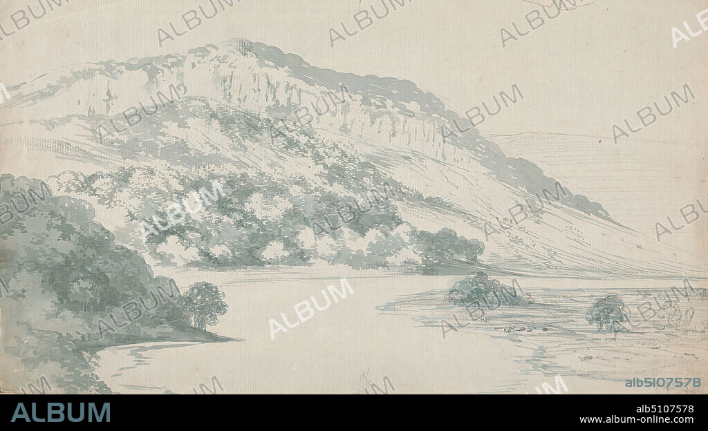 On the Wye, Rev. William Warren Porter, 17761804, British, undated, Watercolor and graphite on medium, slightly textured, cream laid paper, Sheet: 8 × 12 7/8 inches (20.3 × 32.7 cm), landscape, mountain, river, trees, England, Europe, Hereford and Worcester, Ross-on-Wye, United Kingdom.
