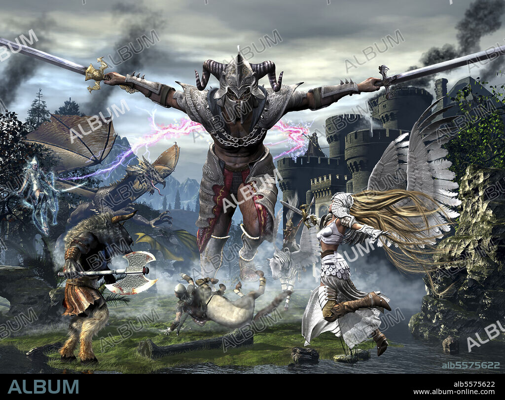 Titan trying to defeat a legion of magical and powerful creatures.