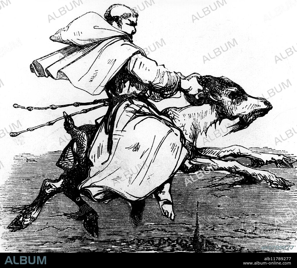 Monk transvecting to the Sabbat on a demonic goat. From the 1863 edition of Collin de Plancy's Dictionnaire Infernal.