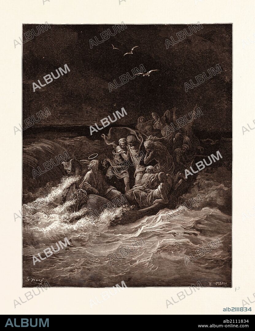 JESUS STILLING THE TEMPEST, BY GUSTAVE DORE. Dore, 1832 - 1883, French. Engraving for the Bible. 1870, Art, Artist, holy book, religion, religious, christianity, christian, romanticism, colour, color engraving.