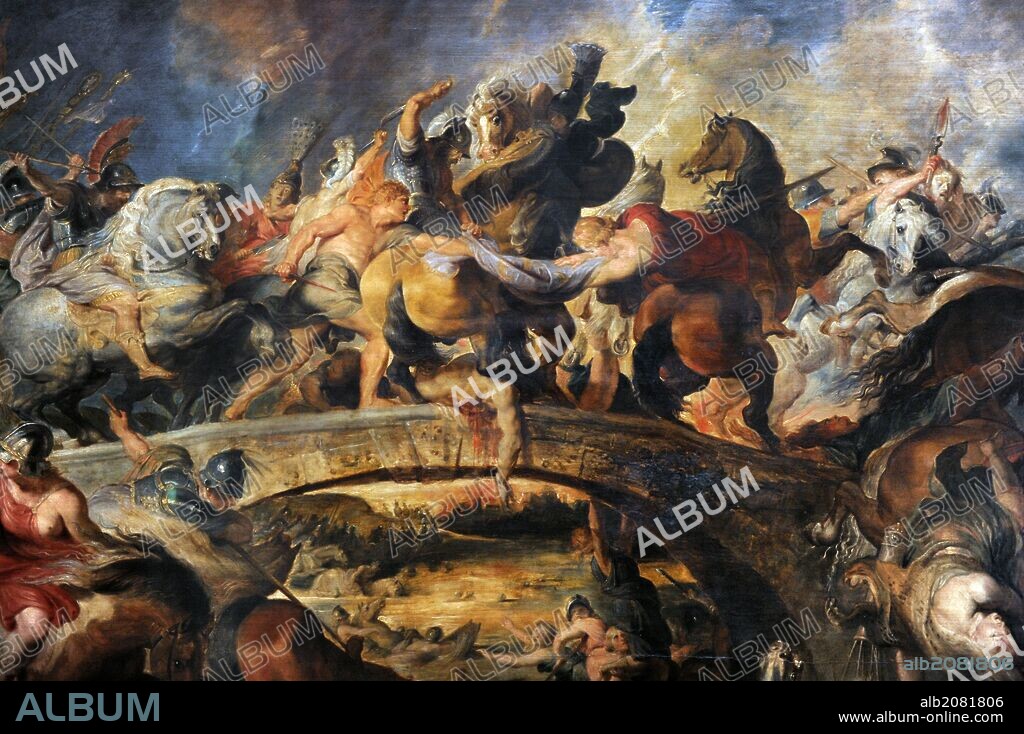 PETER PAUL RUBENS. ARTE BARROCO. FLANDES. RUBENS, Peter Paul (Siegen,1577-Amberes,1640). Pintor flamenco, una de las grandes figuras del barroco. "Combate de las Amazonas". La reina de las amazonas, Hipolita, vestida con túnica roja y casco con plumas. Teseo junto a los atenienses, con plumaje del casco rojo (parte superior izquierda).1616/1618. Oleo sobre tabla. Alte Pinakothek (Pinacoteca Antigua). Munich. Alemania. Europa.